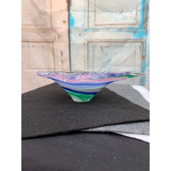 Murano Blown Glass Candy Dish Blue Green Pink Swirl on Clear - Picture 5 of 6